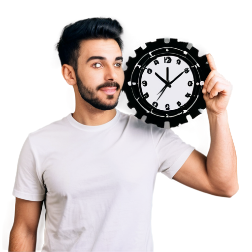 Black and white icon. In the style of the Font Awesome font. On a white background, a man holds in his hands raised up a gear, inside of which the clock hands show 3 o'clock. - icon | sticker