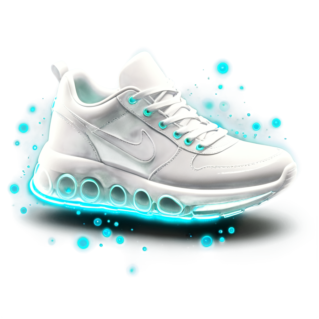sneakers, bioluminescent, bright luminescence white light, made out of light beams, bubbles, particles, sparkles, glitch - icon | sticker