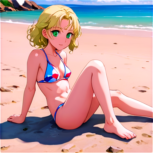 anime style, day, girl, beautiful, short stature, slender, pretty, young, without shoes, on the river, lying on the pool with her back up, heat, white sand, feeding her baby with her salt, 2d anime character, white European appearance, back end. oung anime young girl character with blond curly. She has large, expressive green eyes. teen, tiny - icon | sticker