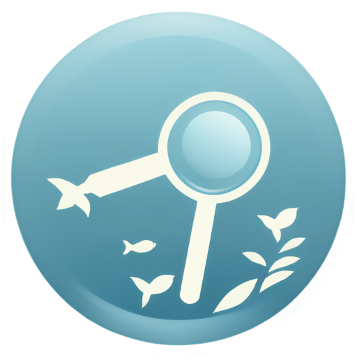 Design Elements: A telescope or magnifying glass surrounded by small fish icons, representing the user closely observing fish. Color: Light blue or ocean tones, symbolizing the sea and lakes. - icon | sticker