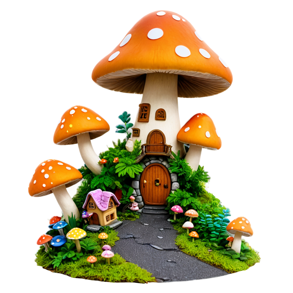 mushroom, mushroom house group, jungle, colorful, colored stone, vegetation, road,miniature photography, warm tone, orange, - icon | sticker