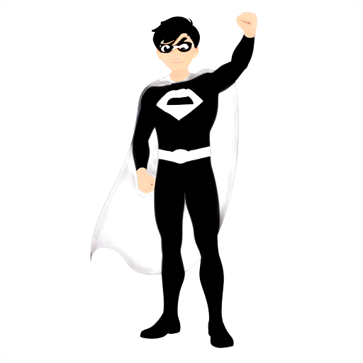 single color black silhouette of a superhero boy with a cape, with one fist on his waist and the other fist held high - icon | sticker