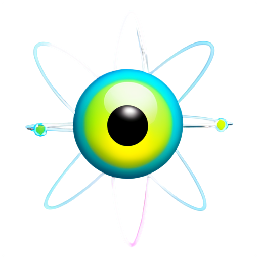 the image is bright and colorful, the image of an atom in the style of a CGI cartoon character, with electrons - icon | sticker