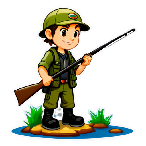 A fisherman with a fishing rod and a gun on his back against the background of the lake - icon | sticker
