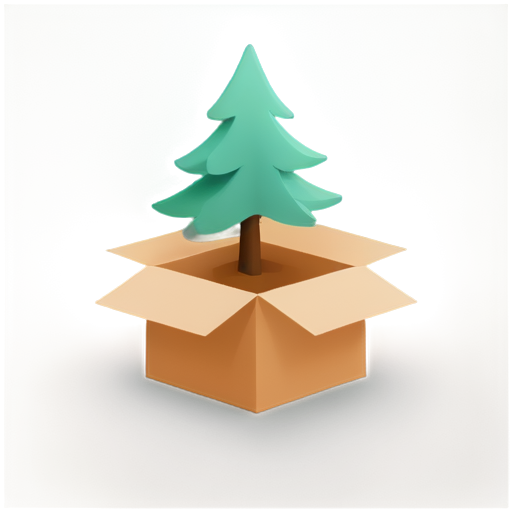 A modern, minimalistic 3D icon illustrating a fir tree being taken out of a box. The fir tree has a smooth, matte finish with soft, pastel green colors and rounded shapes. The box is open, with a clean, simple aesthetic, in a soft pastel brown. The background is a flat pastel color that complements the fir tree and box, creating a calm and friendly visual experience. Subtle shadows give depth, making the tree and box stand out - icon | sticker