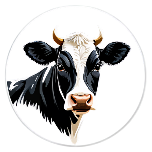 Generate a cartoon realistic cow as a black and white circular logo - icon | sticker