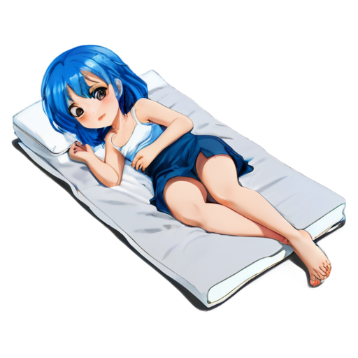 in anime style, day, girl, beautiful, blue-haired, slender, pretty, young, without shoes, on the bedroom, lying on the bad sand with her back up, heat, white blanket, feeding her baby with her salt, 2d anime character, white European appearance, young - icon | sticker