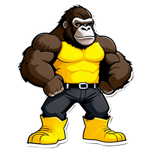 A muscular gorilla wearing a yellow t-shirt, black pants and black boots - icon | sticker