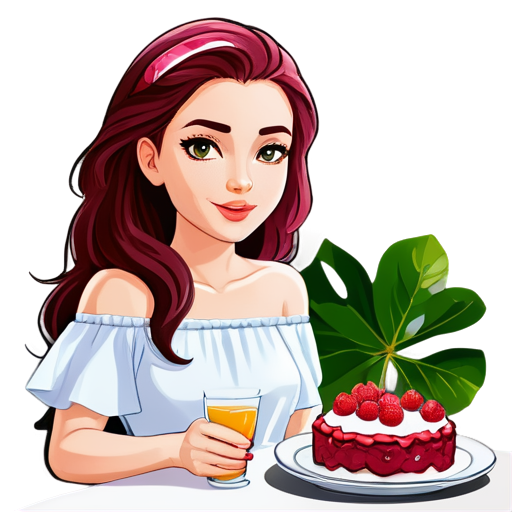 A beautiful elegant raspberry pie, fruit juice, and a stylish feminine girl sitting at the table against the background of green ficus plants. - icon | sticker