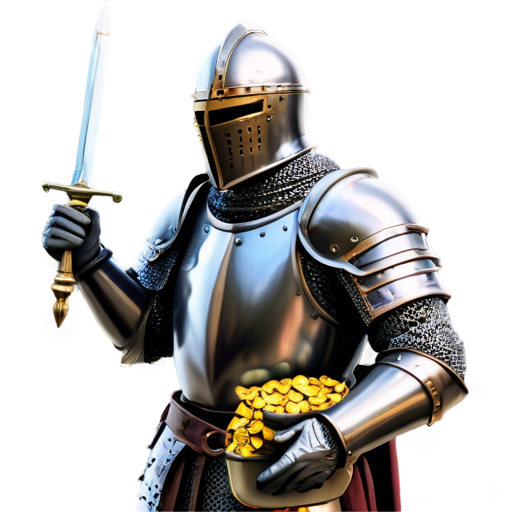 artistic art style medieval knight holding sack of gold coins - icon | sticker