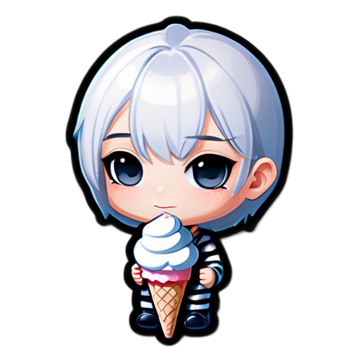 A captivating illustration of a white-haired young man exuding a summer white goth vibe. He is dressed in black and white stripes, with. He eyes are dramatically accentuated with bold, winged eyeliner. He playfully holds an all-black ice cream cone, adding a touch of whimsy to her dark aesthetic. The typography features the words "Соси писю братик" in bold, gothic style script. The overall composition has a cinematic quality, making it a perfect choice for a unique sticker or tattoo design., typography, illustration, dark fantasy - icon | sticker