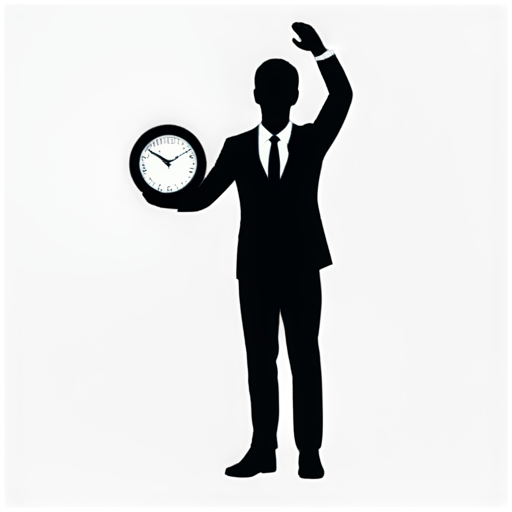 Black and white icon. On a white background of black color (such as on the pedestrian crossing sign), depicted in full growth, carries in his hands raised up, a black gear, inside which the black clock hands (minute and hour) show 3 o'clock. - icon | sticker