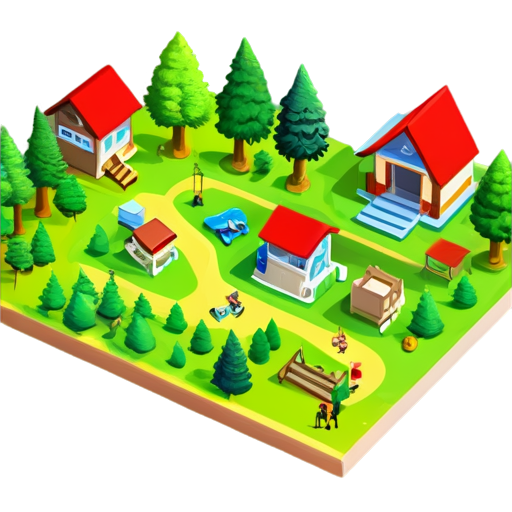 We need icons for a map of a children's camp in the forest, in natural shades, but at the same time bright, with 3d effects, in vector style, icons of a residential building, a medical center, sports facilities, a lake - icon | sticker