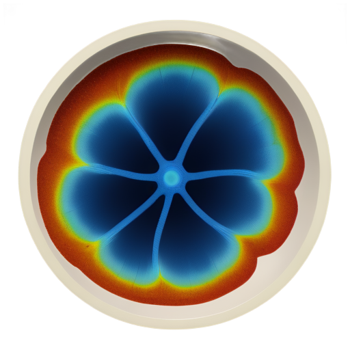 Cartoon image of CHO cells on a plate as taken from a fluoview confocal microscope, with cellular features like a blue nucleus stained with DAPI, and other features in different colors, but with clean borders around cells. The cells are irregularly shaped (like neurons, with neurite projections). Many individually discernable cells are present and evenly spaced accross the plate. - icon | sticker