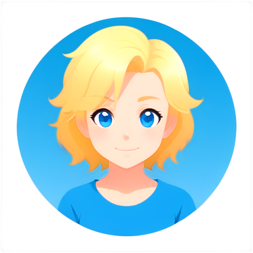 logo for a promts generator in blue sircle Anime, girl, tiny, slim, young, pretty. curly blond hair, not a standard angle, white t-shirt oversize, face - icon | sticker