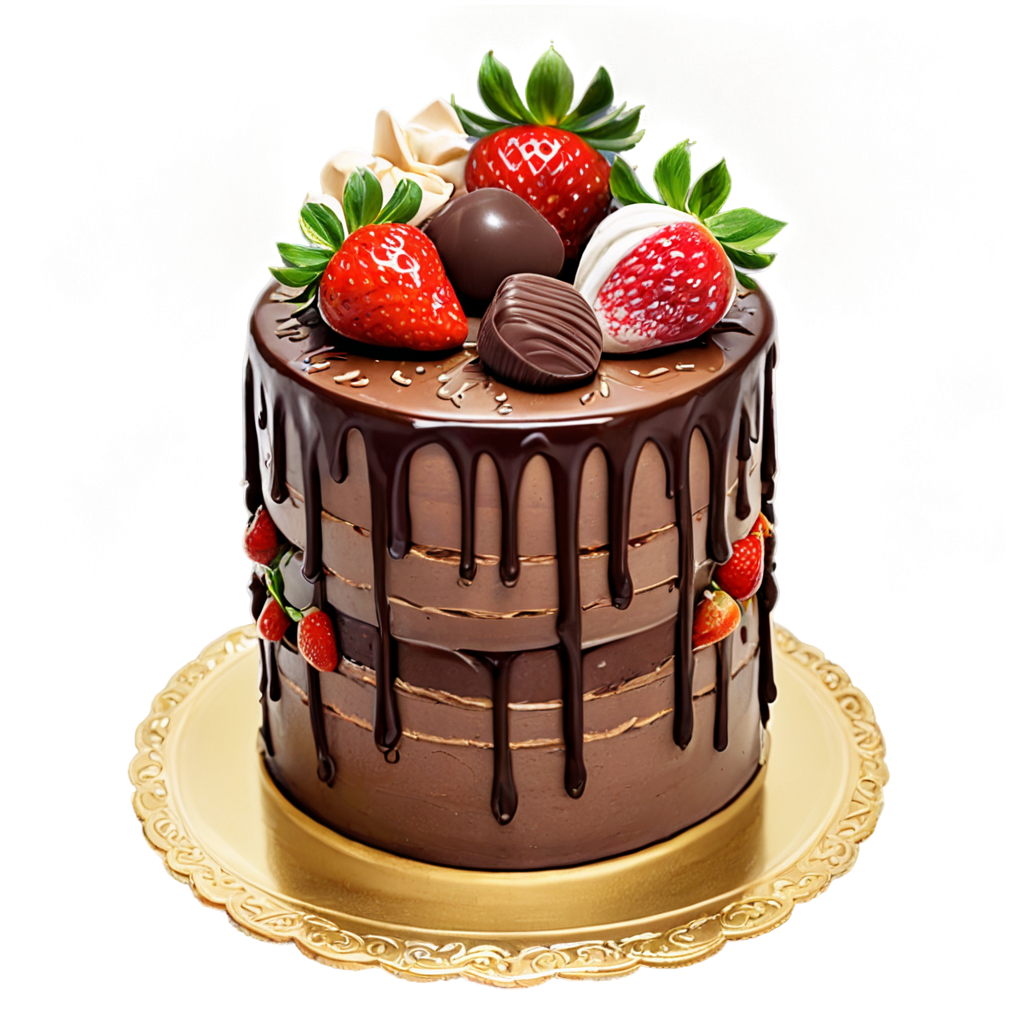 cake, chocolate, strawberries, cream, golden plate, intricate ornament,no humans - icon | sticker