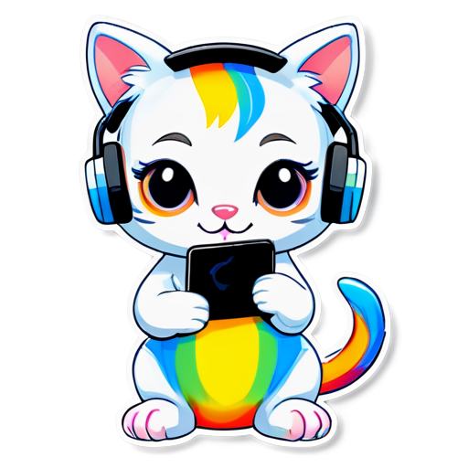 rainbow cat with headphones while holding mobile phone - icon | sticker