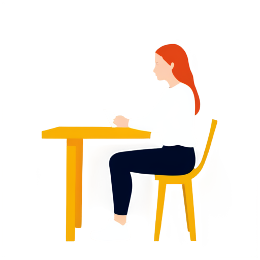 A girl with not long red hair, sitting at a table at the pick-up point - icon | sticker