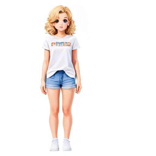 logo for a promts generator Anime, girl, sister, looks like a dwarf, tiny, slim, young, pretty. curly blond hair, not a standard angle, white t-shirt oversize, the relief of theis visible through the white shorts, mini shorts - icon | sticker