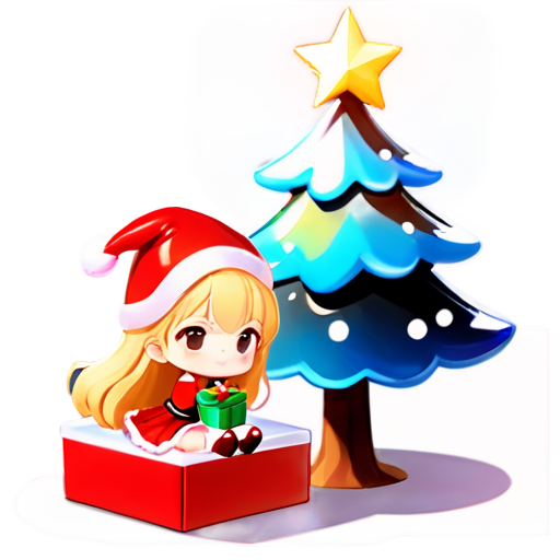 official art,ultra high res,illustration,1girl,loli,sitting,long hair,smile,christmas,gift box,christmas tree,red dress,simple background,blonde hair,in winter, - icon | sticker