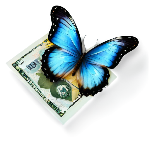 blue butterfly flies around the banknote - icon | sticker