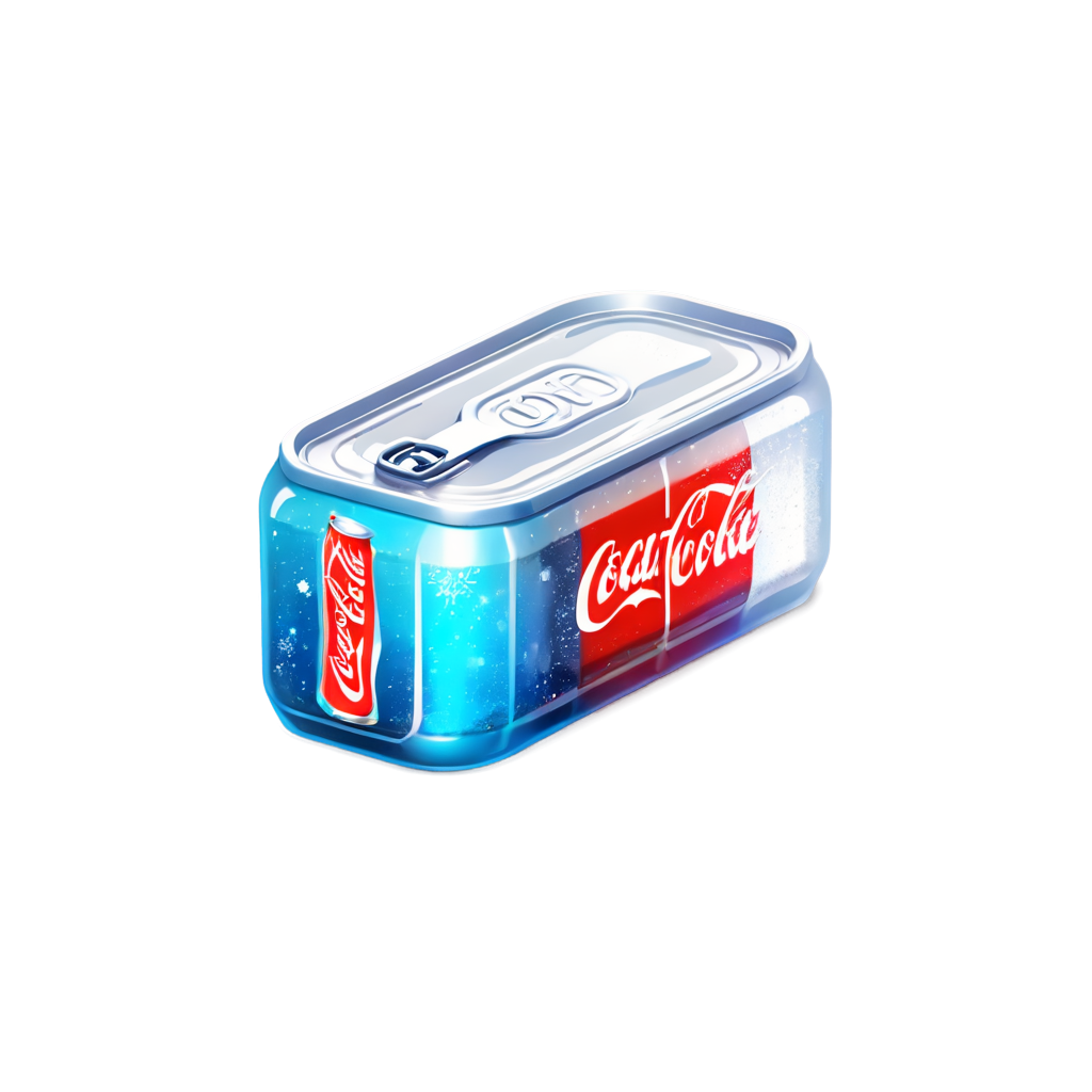 A can of Coke frozen in ice,transparent ice wrapped,natural light illuminated,cool tone,macro lens,clear detail,static,ice crystal texture,refreshing., - icon | sticker