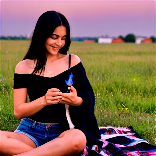 A young man and woman are sitting on a blanket in a field, looking at a small blue flame that is hovering in the girl's hand. The man has dark hair and eyes, and is wearing a black tank top with a cat tattoo on his arm. The woman has long black hair and blue eyes, and is wearing a black off-the-shoulder top and jeans. She has a small silver necklace with a crescent moon. They are both smiling at each other. A large brick building with columns is in the background. Anime style. - icon | sticker