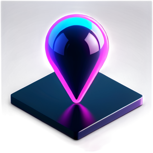 A 3D icon of a location marker, retro-futurism style, neon pink and blue colors, dark background with purple gradient, reflections, smooth texture, high resolution, cyberpunk, glowing lines, animation: subtle pulsating glow - icon | sticker