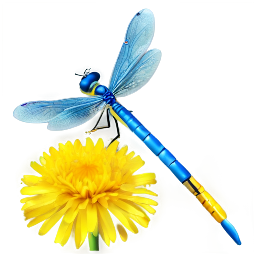 3D icon of a small blue dragonfly with transparent blue wings on a large fluffy yellow dandelion flower in detail - icon | sticker