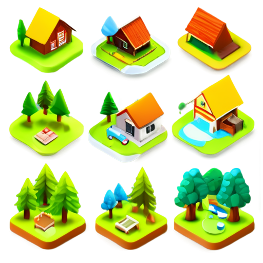 We need icons for a map of a children's camp in the forest, in natural shades, with a 3d effect, in a vector style, icons of a residential building, a medical center, sports facilities, a lake - icon | sticker