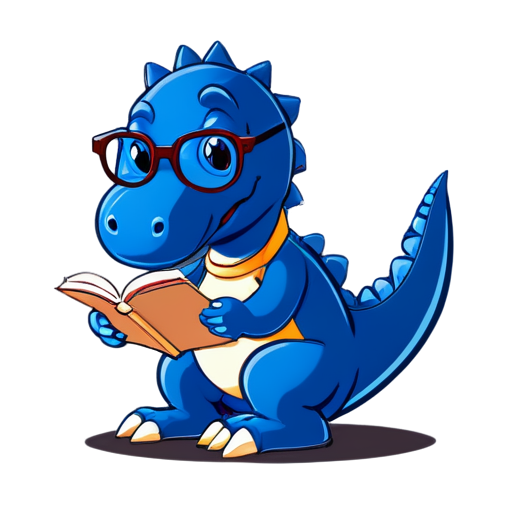 Blue dinosaur with glasses reading a book, Cute, vector illustration, contemporary, flat colors, smart, minimalism, less detailed, app logo - icon | sticker