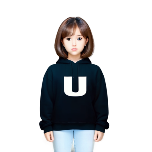 very serious beauty with brown hair in a black sweatshirt with a capital letter u - icon | sticker