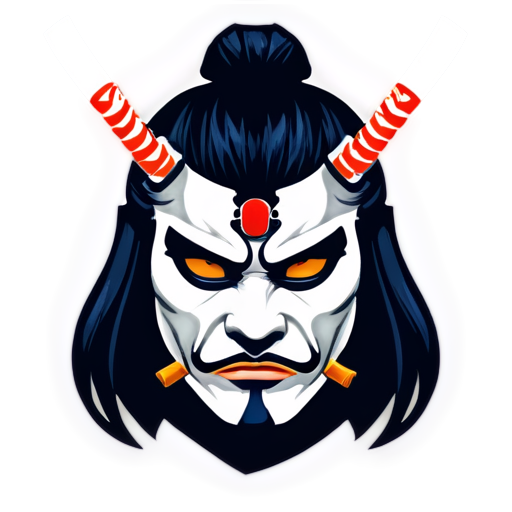 A logo with an image of a samurai in a mask in close-up, armed with swords, on a clean white background, emphasizing the details and style of Japanese warriors - icon | sticker