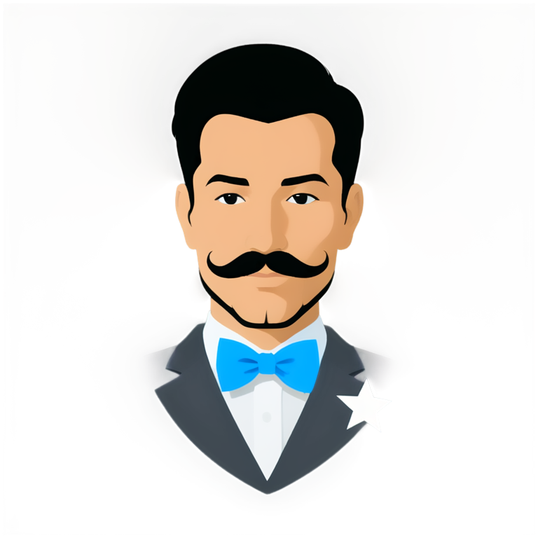 This logo features a man with a mustache and beard, sporting a pompadour hairstyle. He is dressed in an elegant suit with a bow tie, predominantly in shades of blue. Several white stars are drawn around him, adding an element of sparkle and sophistication. Below the image, the name "MRSTREAM" is displayed in white, bold font. The background of the logo is black, making the image and text more contrasting and prominent. If needed, I can generate a similar logo based on this description. - icon | sticker