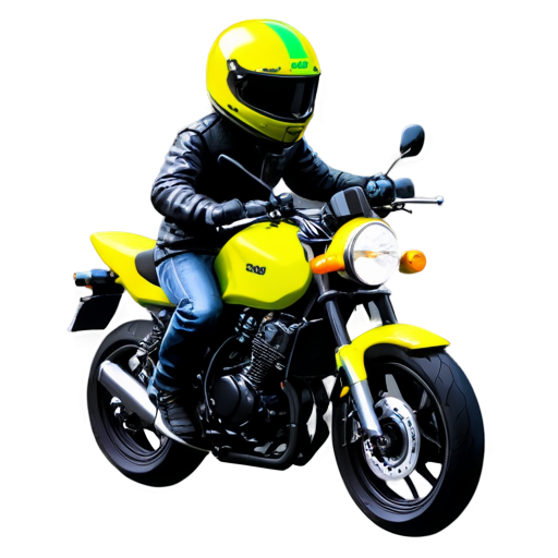 caricature style motorcycle rider with black gear and helmet, black visor and fluorescent yellow parts. Riding a honda cb500 style motorcycle that is mainly black with fluorescent yellow fuel tank and tail - icon | sticker