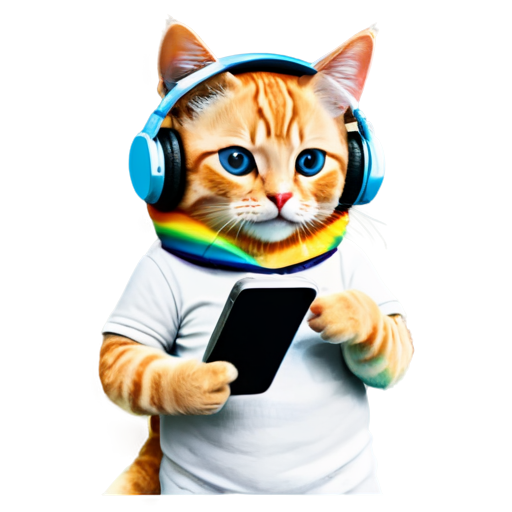 rainbow cat with headphones while holding mobile phone - icon | sticker