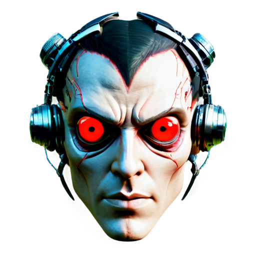 System shock game style. Cybernetic male. Red eyeballs in the shape of a hear - icon | sticker