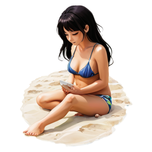 in anime style, day, girl, beautiful, dark-haired, curved, slender, pretty, young, without shoes, on the see, lying on the sand with her back up, heat, white sand, feeding her baby with her salt, 2d anime character, white European appearance, young, - icon | sticker