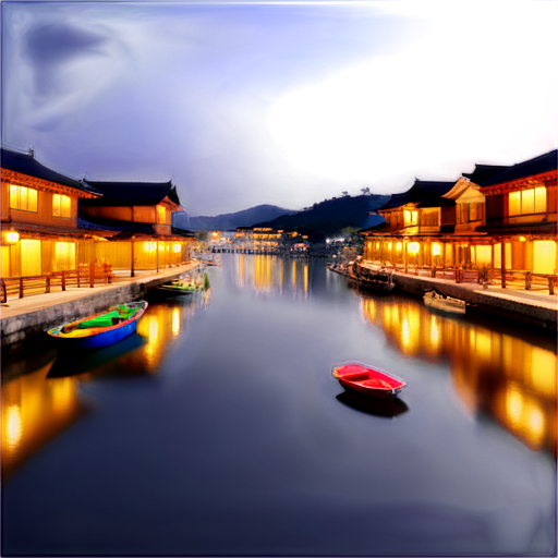 traditional architecture, lanterns, boats, asian cityscape, night scene, small town charm, riverbank village tilt shift,excellent lighting,super detail,depth of field,Fujifilm - icon | sticker
