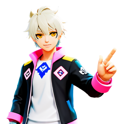 This happy and cheerful 3D Genshin Impact, femboy happy gamer boy has short, blocky, white hair with a cyberpunk style, including a yellow left eye and a pink right eye. His hair features pink and yellow streaks to match his eyes. He wears a sleek white jacket with intricate designs and accessories like animal ears, bows, and hair ornaments, all in vibrant colors. His outfit and accessories glow softly, adding a futuristic touch. He also has a blocky tail matching his hair and eye colors. He's surrounded by a background resembling the blocky world of Minecraft, he could have space-themed accessories like stars, planets, or galaxies, and his jacket could have cosmic patterns. To reflect Genshin Impact, he could hold a pixelated weapon or have a pixelated character as a pet. - icon | sticker
