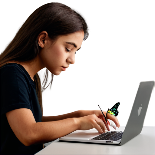 a girl drawing a butterfly using Photoshop at her not apple laptop - icon | sticker