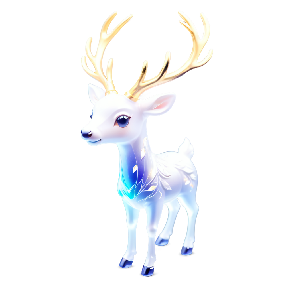 a majestic white stag with golden antlers standing in a sunlit clearing, surrounded by ethereal forest spirits, glowing flora, magical atmosphere - icon | sticker