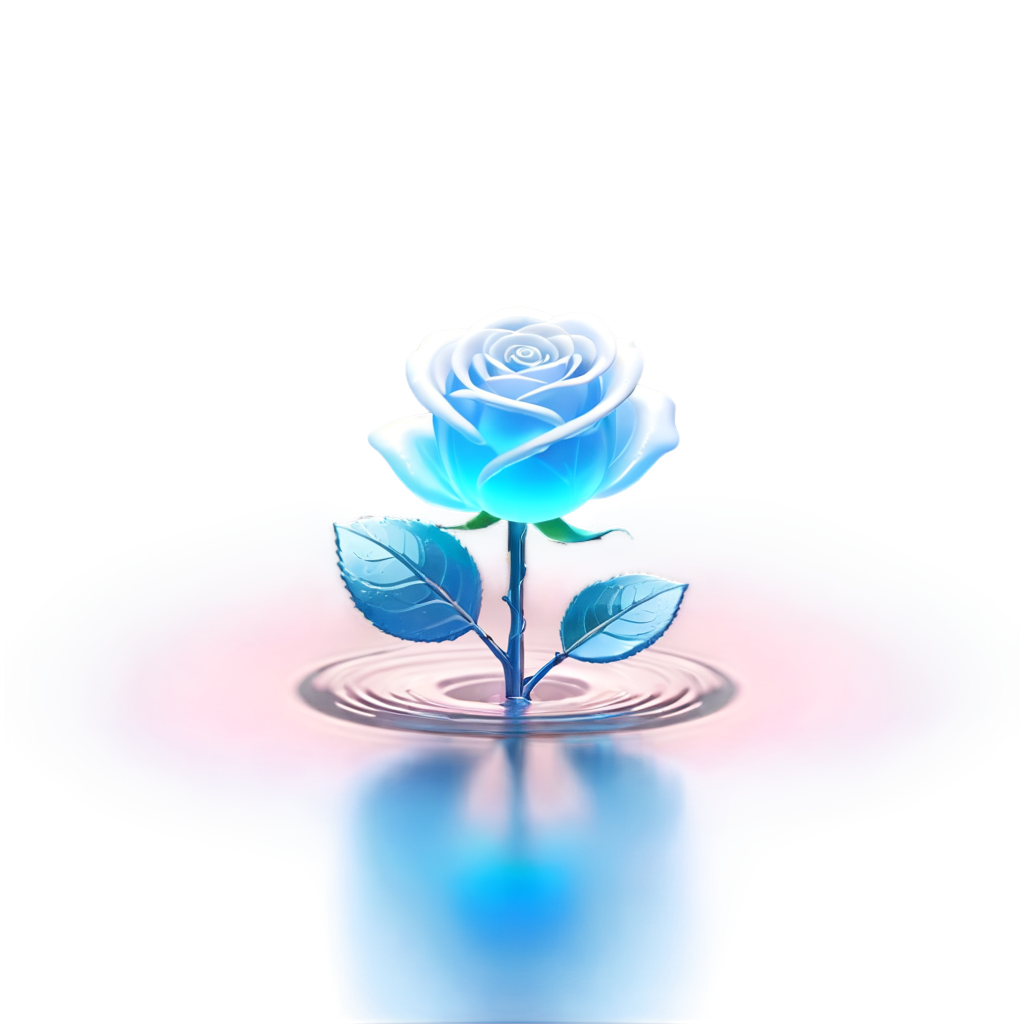 A white rose is placed on top of the water, with a light blue and pink gradient background. Crystal clear rocks float in the sparkling water, with sunlight shining through with half side lighting effects. The style is minimalist with minimalism and C4D rendering. Water droplets fall on the rose in the style of product photography, - icon | sticker