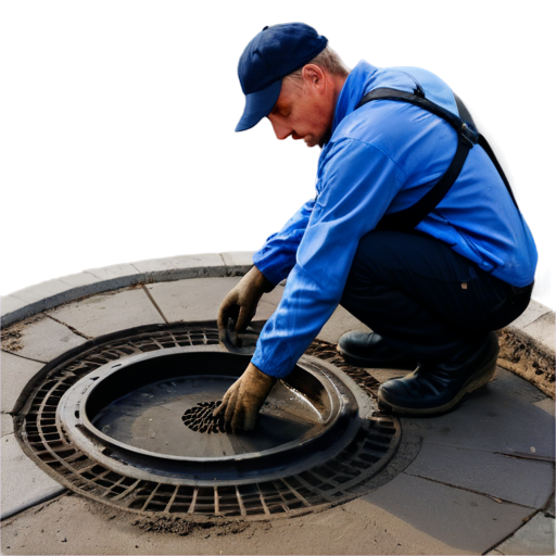 A man in blue overalls and black boots with dried mud on his toes looks into an open sewer manhole - icon | sticker