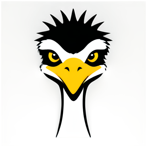 Generate an icon representing an emu bird's head. The expression of the bird has to be stoic but rather agressive. The icon has to be created in a minimalistic outlined vector style, using basic lines and shapes. The background has to be strictly black, the element in the foreground has to be strictly white. - icon | sticker