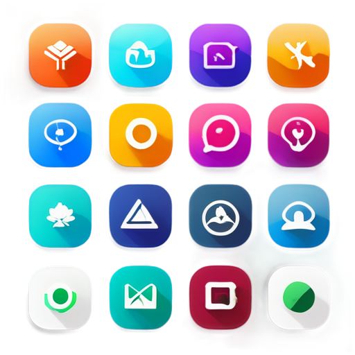 Create a modern, minimalist icon set with vibrant colors and smooth geometric shapes. Themes include technology, nature, health, and communication. Icons should be distinct, scalable, and look great in both light and dark modes, featuring balanced gradients and subtle shadows." - icon | sticker