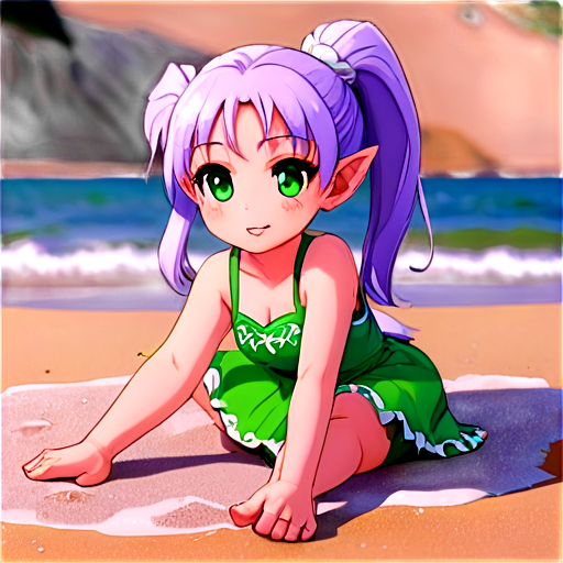 Anime young girl character with light purple, almost silver, hair styled in two low ponytails. She has pointed elf-like ears and large, expressive green eyes. teen, tiny, without shoes, on the beach, lying on the sand with her back up, heat, white sand, feeding her baby with her salt, white European appearance, young - icon | sticker