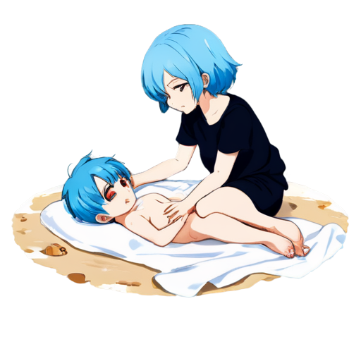 in anime style, day, girl, beautiful, blue-haired, slender, pretty, young, without shoes, on the bedroom, lying on the bad sand with her back up, heat, white blanket, feeding her baby with her salt, 2d anime character, white European appearance, young - icon | sticker