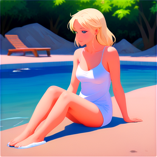 anime style, day, girl, beautiful, short stature, slender, pretty, young, without shoes, on the river, lying on the pool with her back up, heat, white sand, feeding her baby with her salt, 2d anime character, white European appearance, back end. oung anime young girl character with blond curly. She has large, expressive green eyes. teen, tiny - icon | sticker