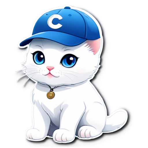A white cat in a blue baseball cap is sitting on the floor - icon | sticker